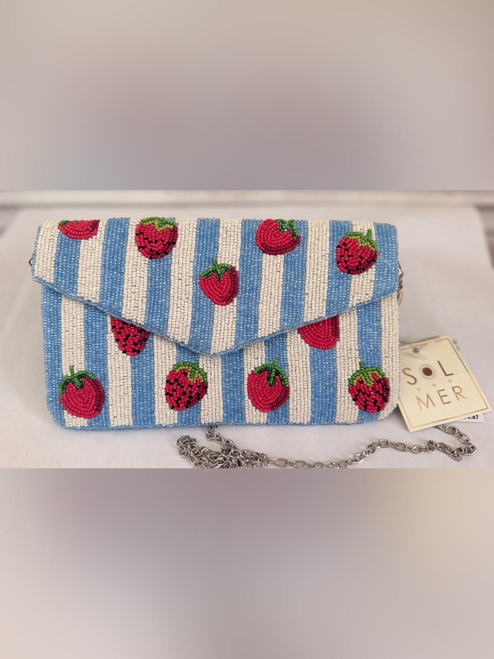 Beaded Strawberry Stripe Envelope Clutch Or Crossbody - Blue & White Striped